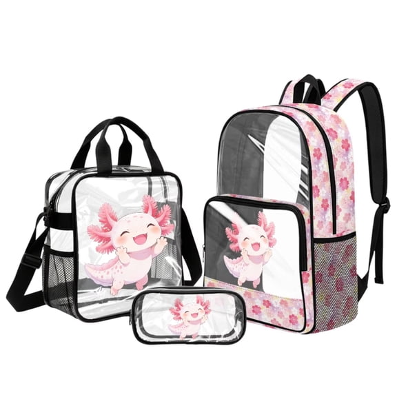 DISNIMO Clear Backpack for School, Axolotl Cherry Blossom Printed Heavy Duty See Through Bookbag for Girls, 17 Inch Large PVC Backpack with Lunch Box and Pencil Case