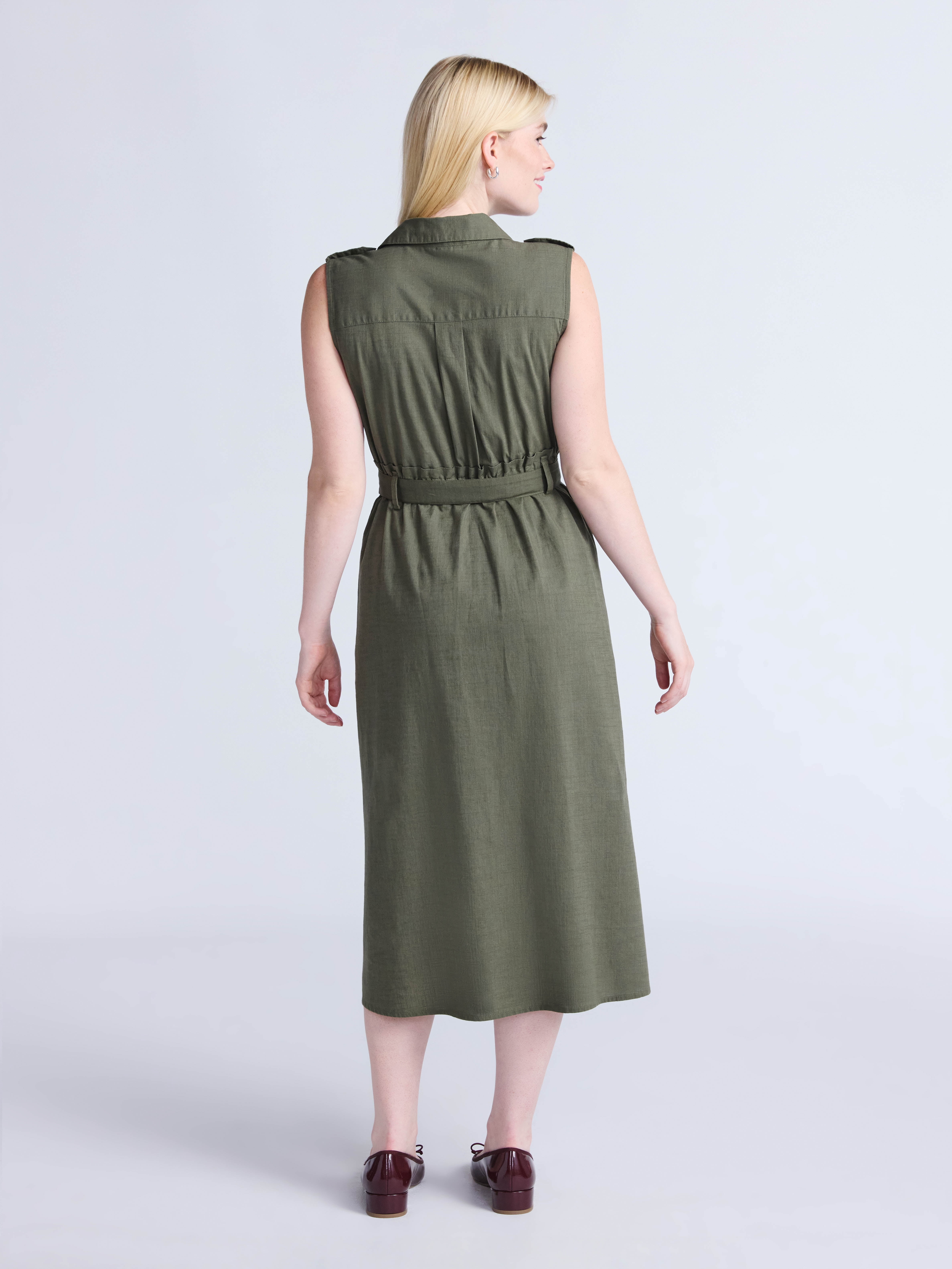 Time and Tru Women's Sleeveless Cotton Belted Midi Shirtdress, Sizes XS-XXXL