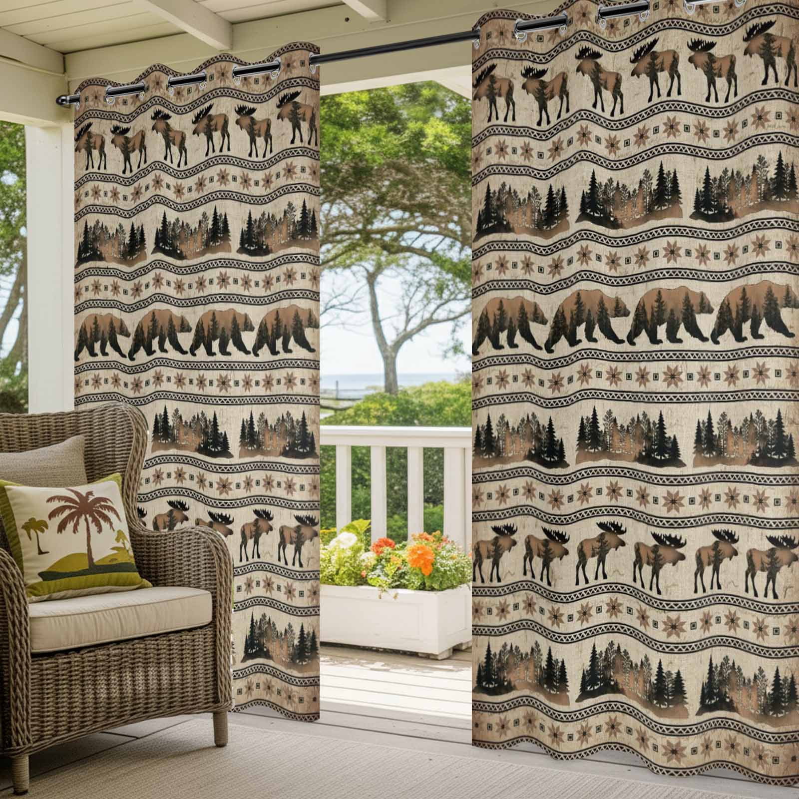 Bear Moose Outdoor Curtains for Patio, Country Vintage Bronze Forest Pine Tree Abstract Stripe Plaid Sunshade Privacy Drapes Grommet Waterproof Outside Curtains for Porch Balcony 54"x108", 1 Panel