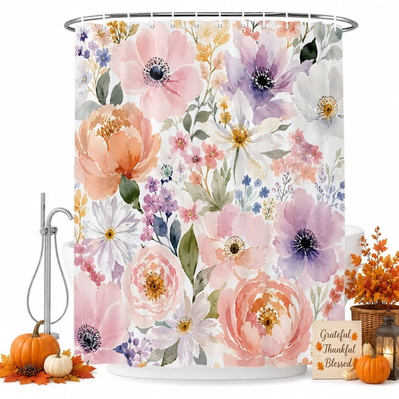 Spring Floral Shower Curtain, Waterproof Shower Curtains for Bathroom, Summer Colorful Watercolor Botanical Washable Fabric Bathtub Curtain Set Bath Decor with 12 Hooks Standard 72"x72"
