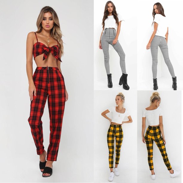 Nituyy - Women High Waist Zip-up Plaid Casual Pants Sweatpants Skinny Striped Trousers - Walmart