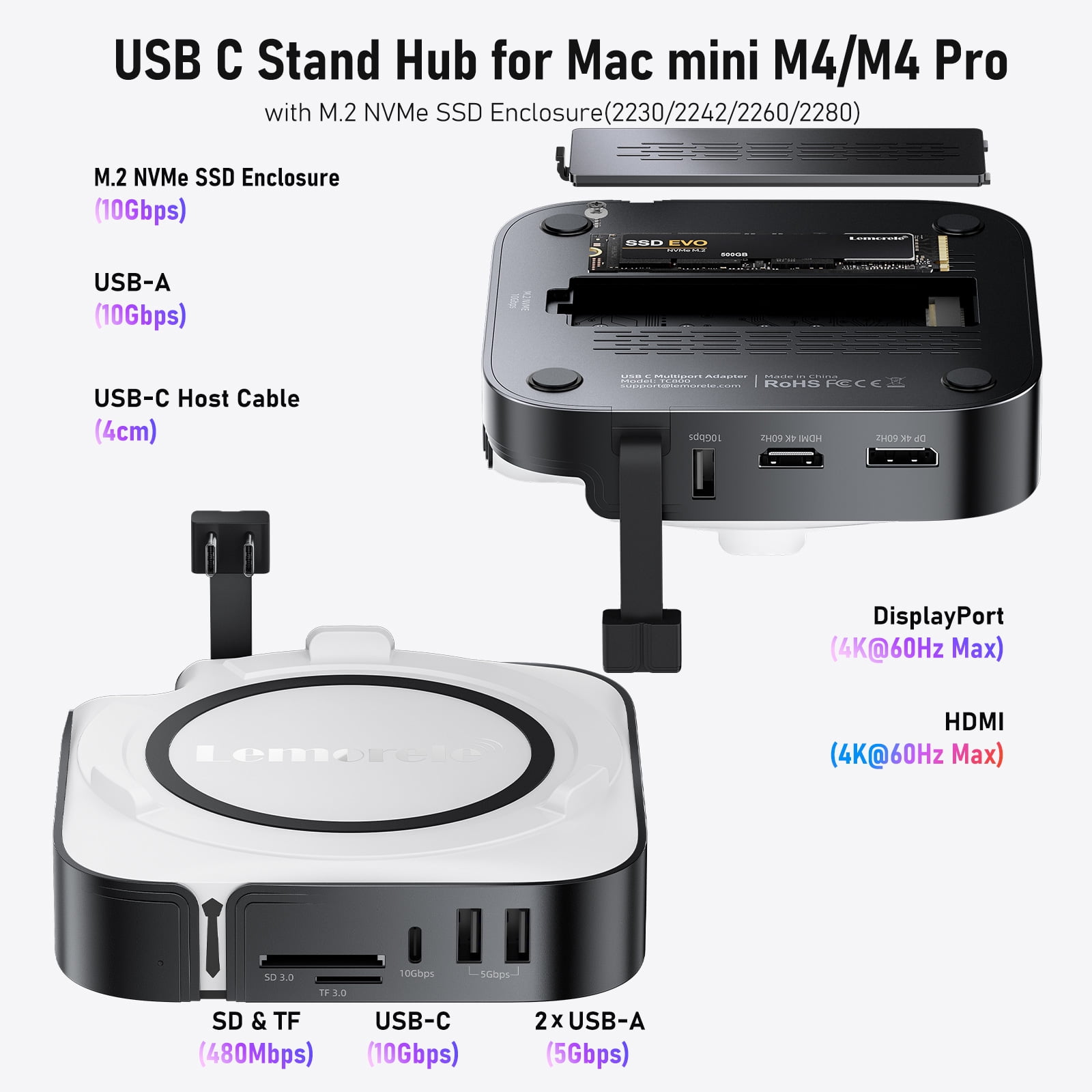 Mac mini M4 Dock, USB-C Hub for Mac mini M4/M4 Pro with NVMe SSD Enclosure,Docking Station 4K 60Hz Dual Monitor,HDMI, DP,4× USB Ports 10Gbps, SD/TF Card Reader