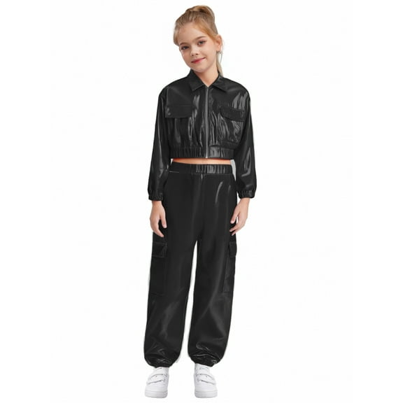 YiZYiF Boys Girls Hip Hop Jazz Dance Clothes Set Shiny Jacket with Metallic Pants Party Costume Black 16