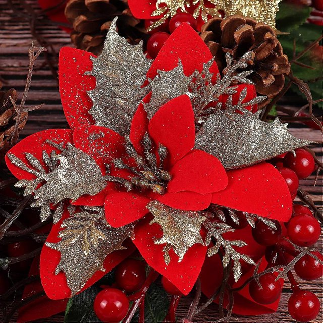 Otra decoración para Navidad 10 piezas de flores de Pascua artificiales con purpurina navideña roja y dorada de 15 cm, corona navideña, adornos de flores para árbol de Navidad H