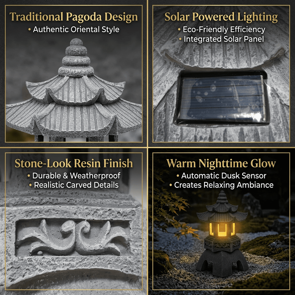 Japanese Solar Pagoda Lantern Garden Statue Outdoor Zen Decor Light
