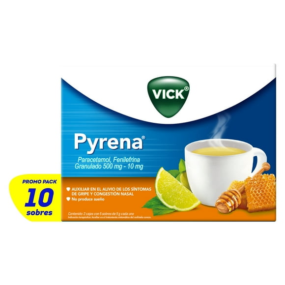 Vick Pyrena Alivio y confort para los síntomas de la gripa 10 sobres miel-limón