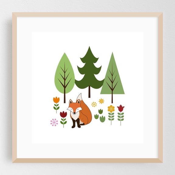 Scandinavian Style Fox Flowers Trees Illustration - Digital Art Woodland Fox Nature Forest Wildlife Floral Whimsical Oak Framed Wall Art Print 8 x 8 inches