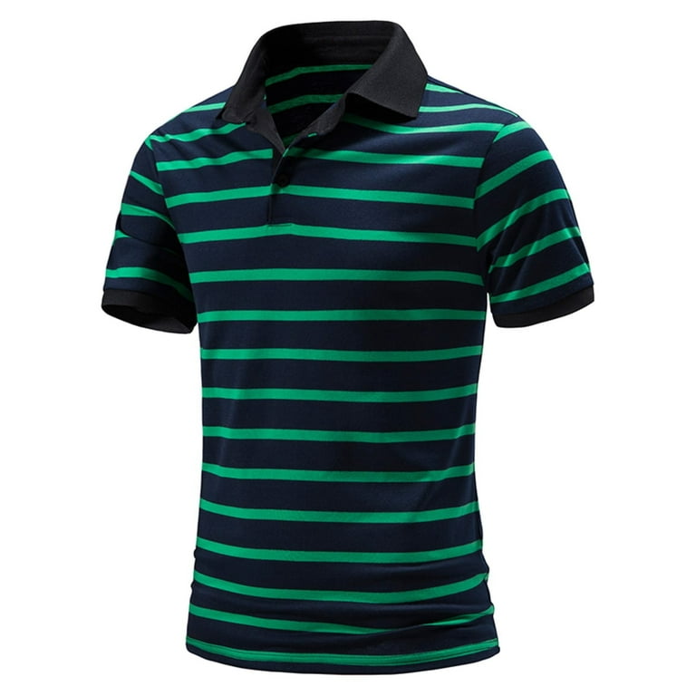 B91xZ Mens Workout Shirts Mens Spring Summer Loose Plus Size Button Collar  Shirt Striped Print Top Lapel Plain Cotton T Shirts Polo Shirts For Men  Green XL 