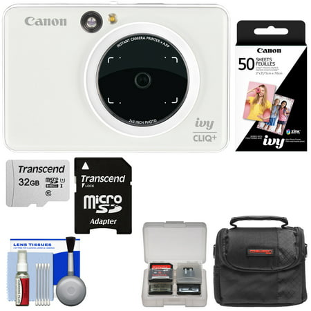 Canon IVY Cliq+ Instant Digital Camera Printer + App via Bluetooth (Pearl White) with 32GB Card + 50 Color Prints + Case + (Best Time Card App)