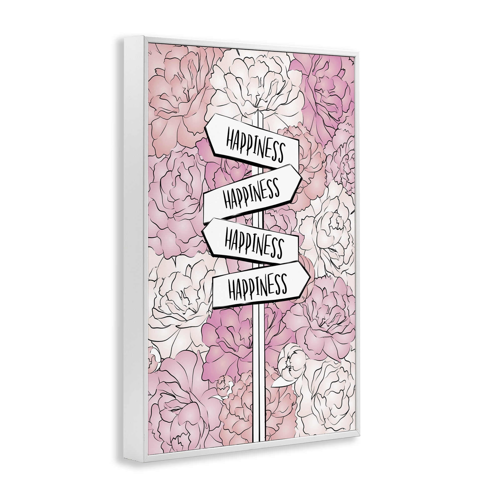 Stupell Industries Happiness Sign on Flowers Beauty & Fashion Painting White Framed Art Print Wall Art, 16 x 24