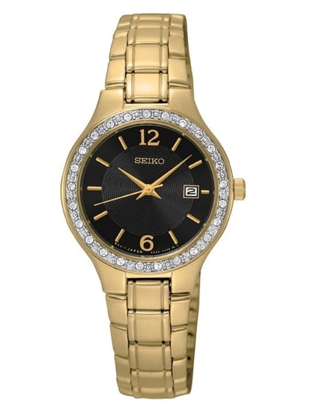 Seiko Women's SUR768 Stainless Steel Gold Bracelet Band Black Dial Watch -  