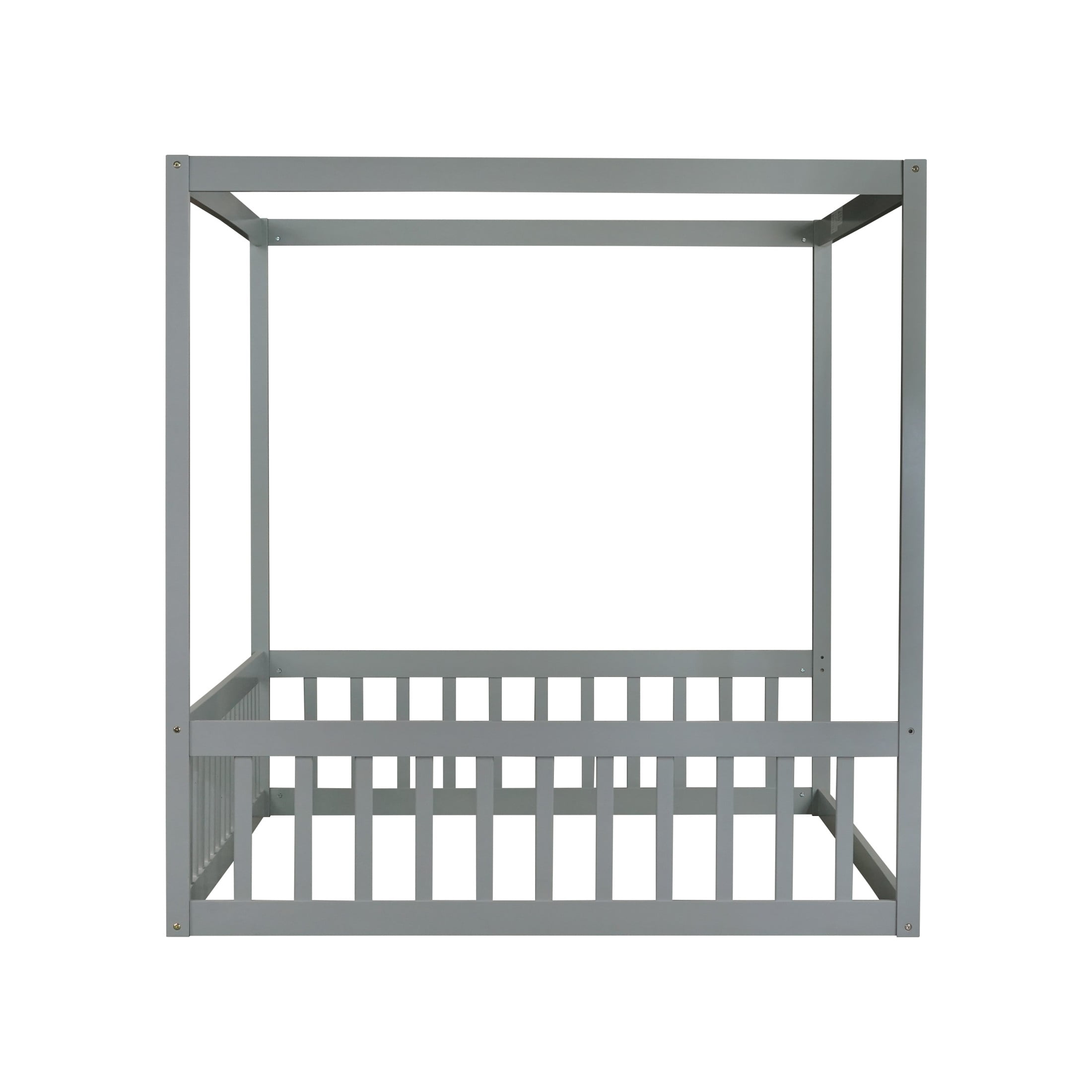 Noble House Dorris Full Canopy Floor Bed with Fence Guardrails, Solid Rubber Wood Montessori Bed, Kid's Room, Gray