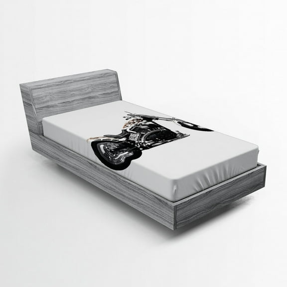 Ambesonne Hipster Fitted Sheet, Motorbike Power Ride, Twin XL Size, Black White Grey