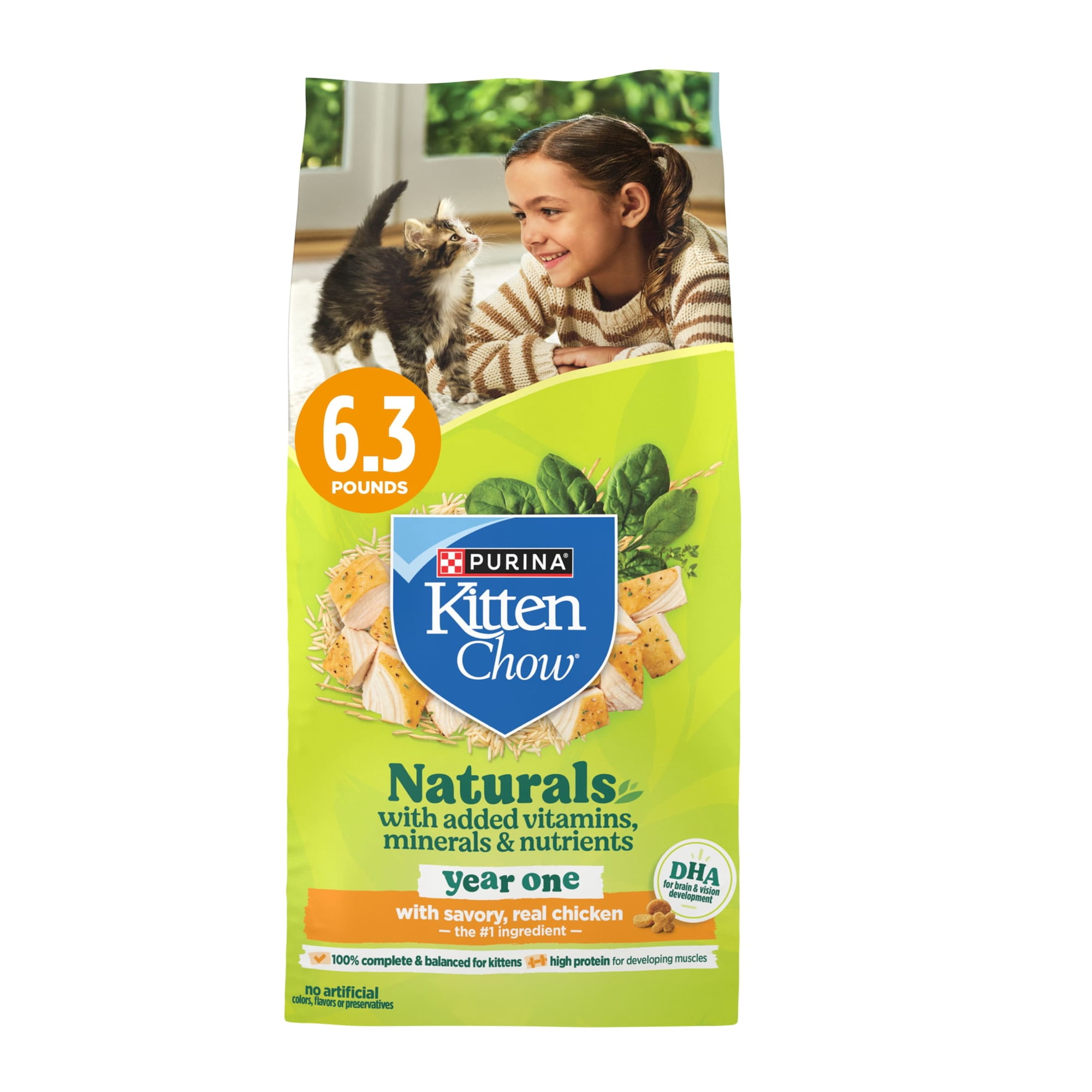 Purina Kitten Chow Naturals Chicken Flavor Dry Cat Food for Kittens, 6.3 lb. Bag, 4 Pack