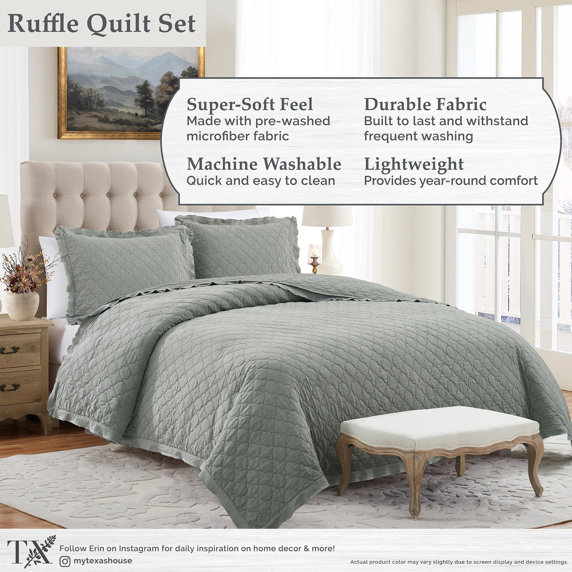My Texas House Full/Queen Quilt Set, All-Season, 3-Piece, Sage Trellis