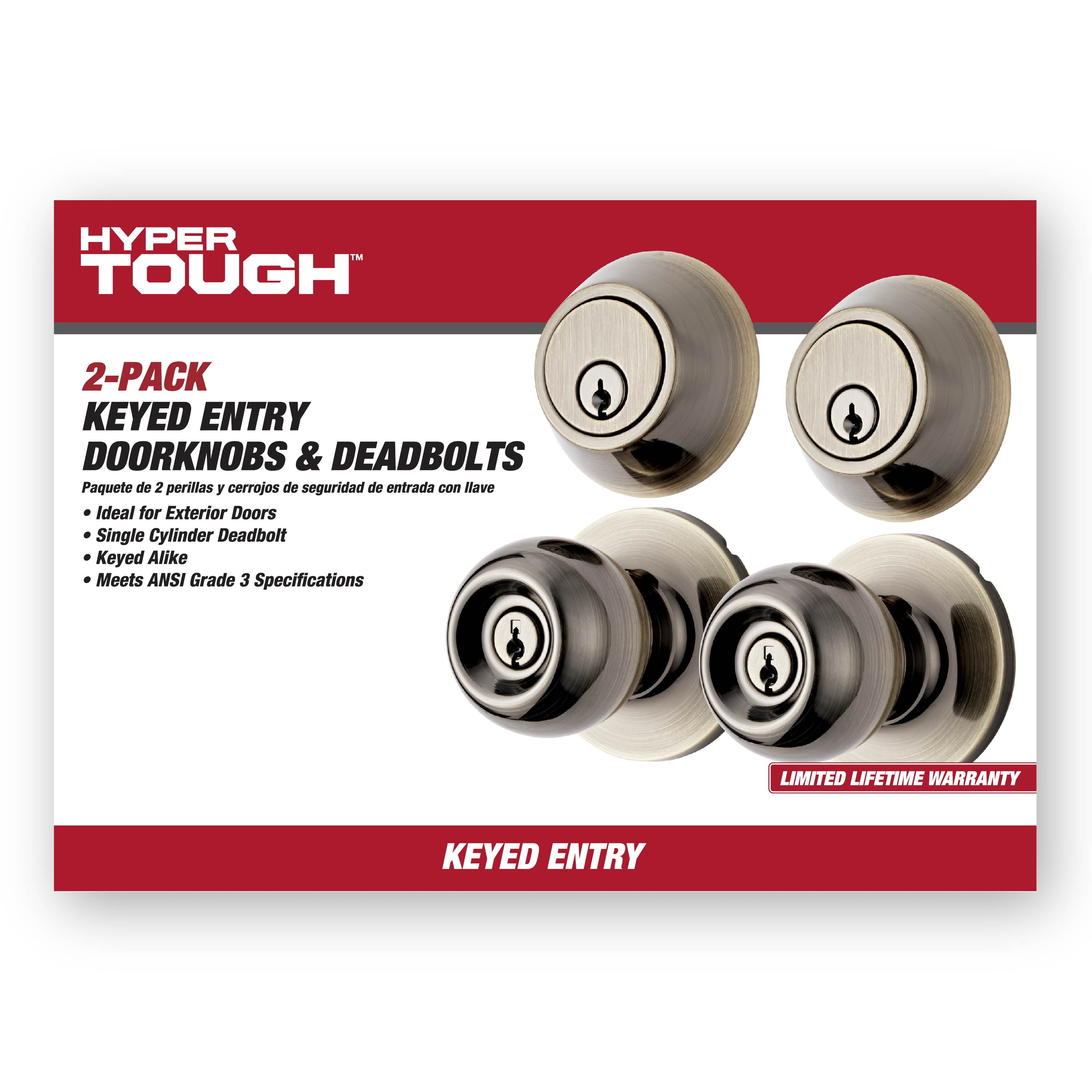 Hyper Tough Ball Combo Twin Pack Antique Brass (2 Entry Doorknobs + 2 Deadbolt Locks)