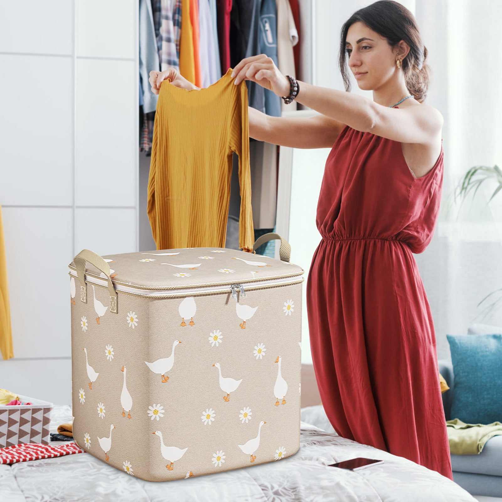 Lot de 3 sacs de rangement pliables pour vêtements, couvertures, vêtements avec poignée renforcée, fermeture éclair robuste pour organiser la chambre, le placard, les vêtements, la couette
