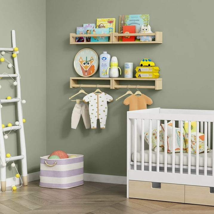 DICEEVIL 4PCS Wood Nursery Book Shelves Wall Mounted, Floating Bookshelf for Kids Room Decor, Toys and Books Storage Organizer Shelves for Child Bedroom Bathroom Kitchen