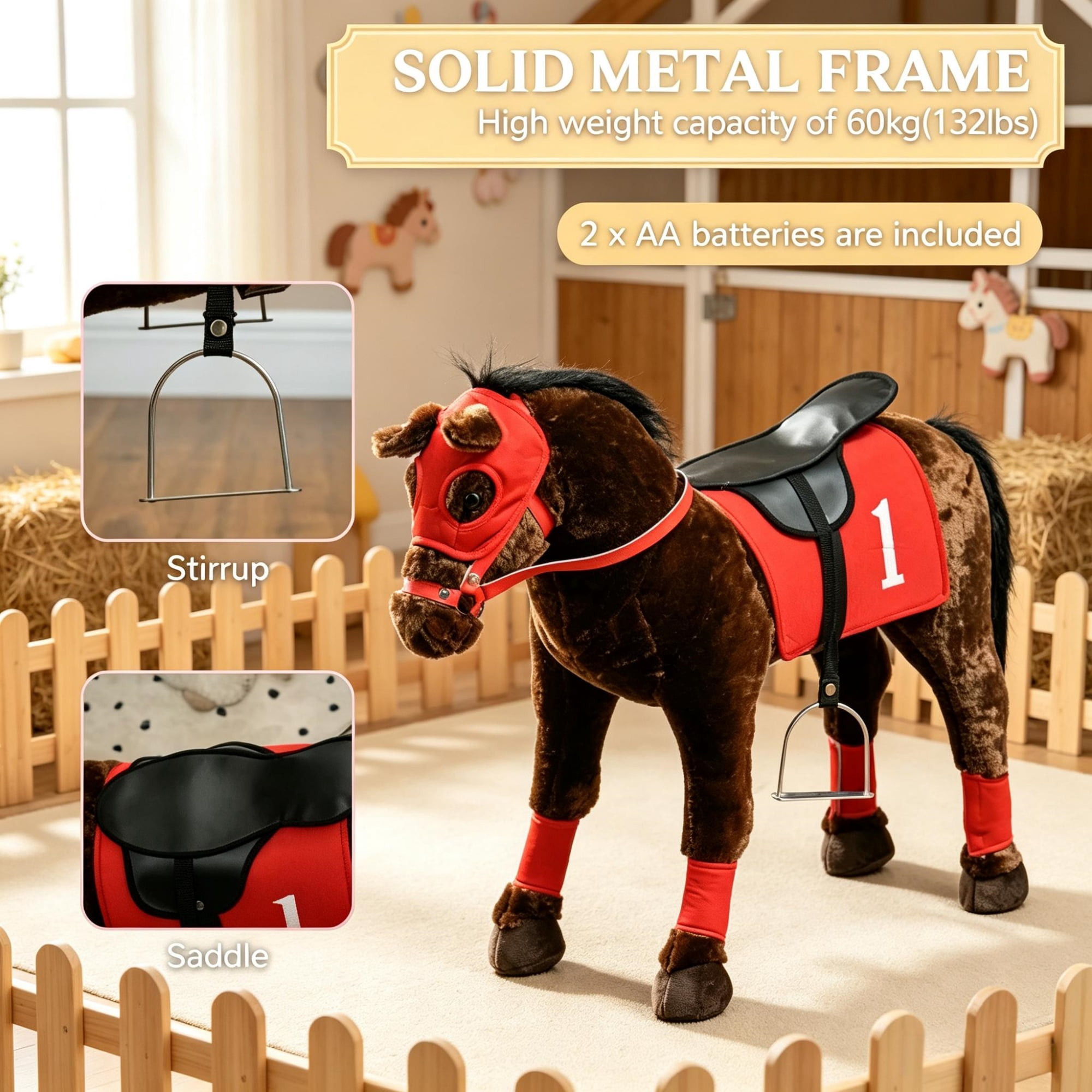 Kids Ride on Horse Toy Age 3-8, Press to Neigh, Equipped with Saddle & Stirrups
