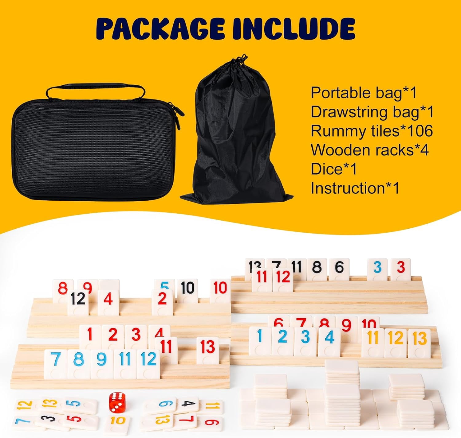 WAAYEE Rummy Cube Game Set, Classic Family Board Game, 106 Rummy Tiles with 4 Wooden Racks, Portable Carrying Case, 1 Pack