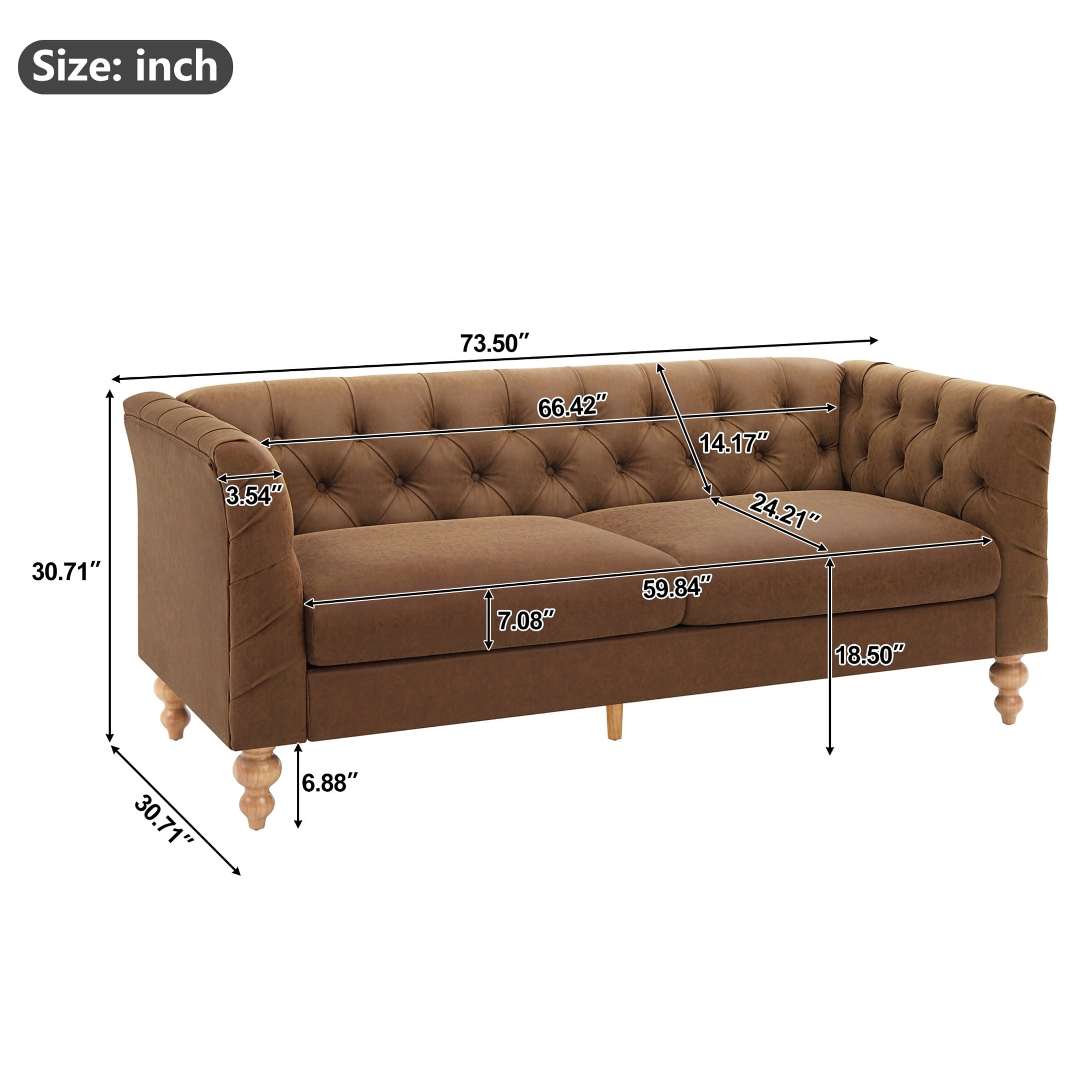 Christopher Knight Home 73.5" Chesterfield Sofa, Tufted PU Leather Couch with Flared Arms, Brown