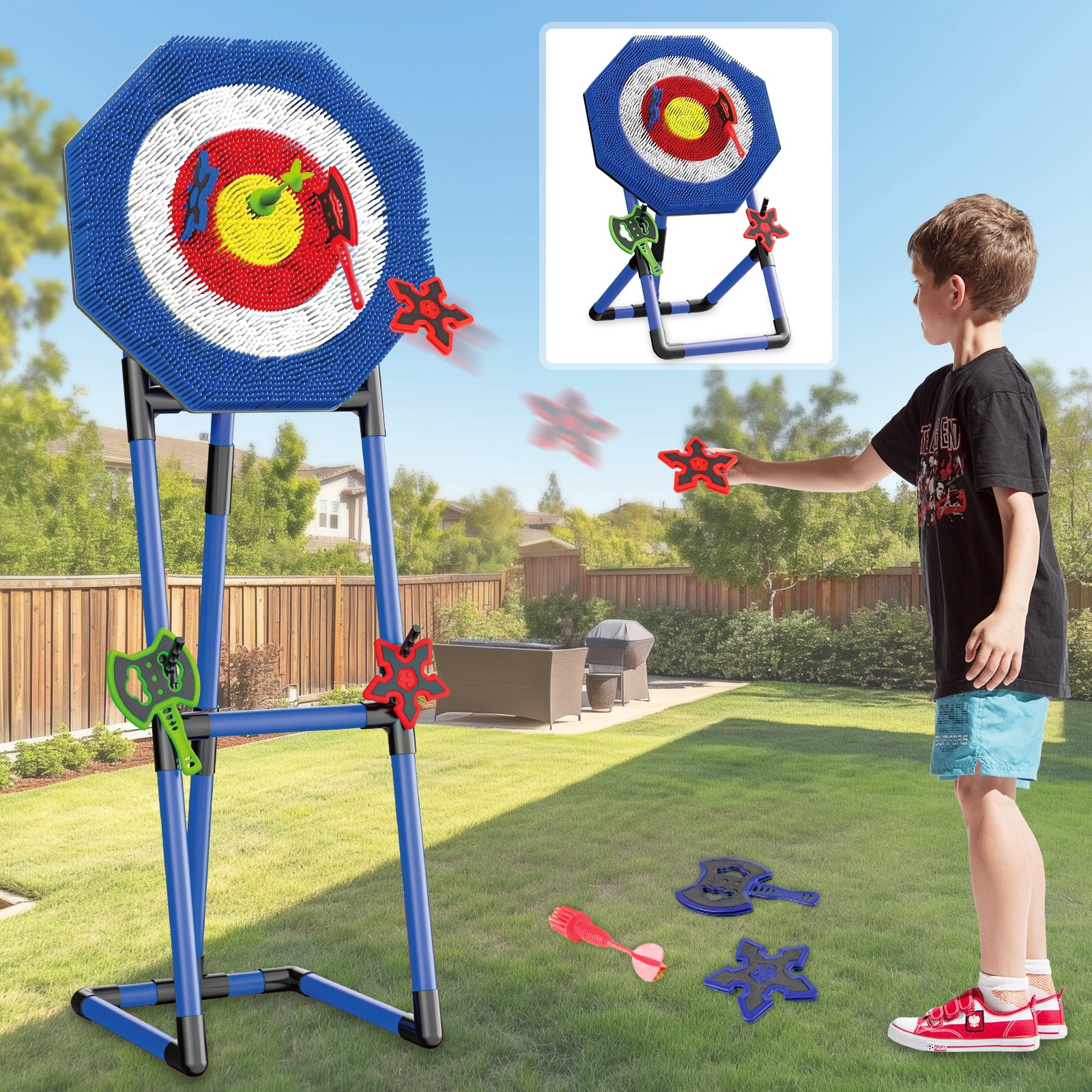 Plustopoy Axe Throwing Target Set with 3 Axes, 3 Star Darts and 2 Darts, Portable Backyard Games for Adults and Family, Indoor Outdoor Games