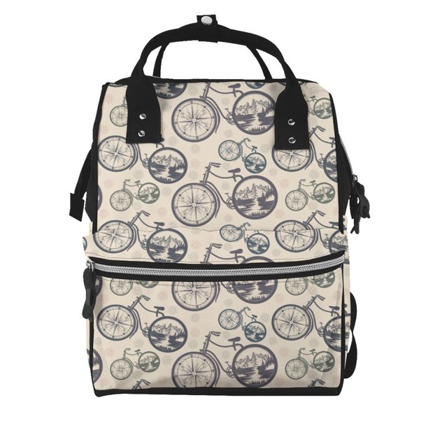 Disketp Compass And Mountains In Bicycle Wheels Mochila de Pañales de Gran Capacidad con Múltiples Bolsillos, Mochila de Viaje Multifuncional para Bebé, Unisex, Moderna y Resistente