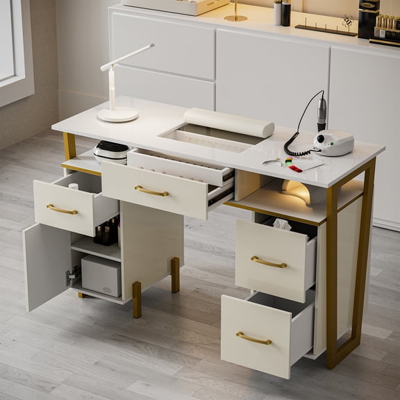 Manicure Table for Nail Tech, Modern High Glossy Nail Desk w/Metal Frame, Nail Station w/4Drawers & 2 Cabinets