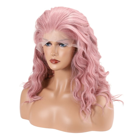 Unique Bargains Lace Front Wigs For Women 16" Pink Medium Long Body Wave with Wig Cap