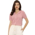thumbnail image 1 of Top De Camisa A Cuadros Con Volantes Y Botones De Manga Corta Con Cuello Peter Pan Para Mujer Rosa XL, 1 of 6