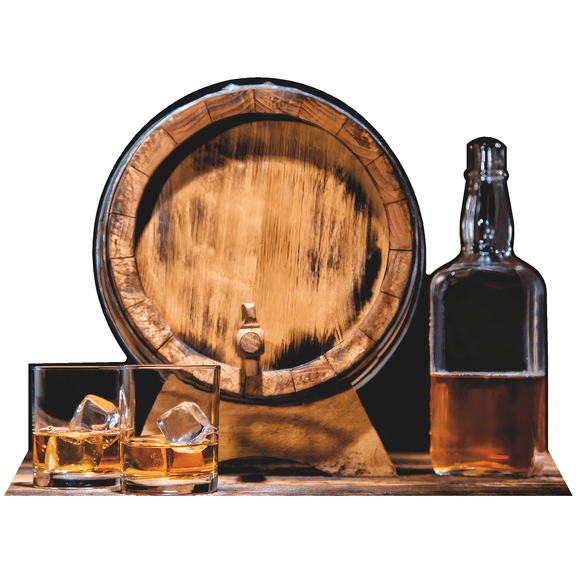 18inWide Whiskey Whisky Bourbon Scotch Keg Tap Barrel Bottle Glass Ice Cardboard Cutout Standee Standup
