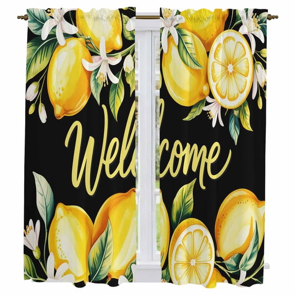 Yellow Lemons Kitchen Curtains 63 Inch Length, Summer Fruits Leaves Botanical Black Tiers Curtains for Living Room Berdoom Bathroom, Light Filtering Drapes Window Treatment 2 Panels 42"Wx63"L