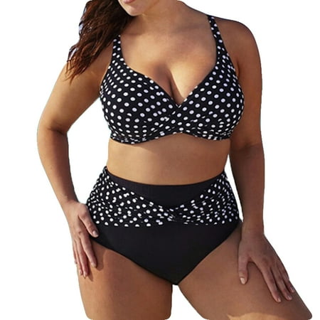 Dots Bathing Suit Plus Size Swimsuit Bikini For Women V-neck Polka Dots Patchwork Spaghetti Strap High Waisted Swimwear Bathing Suit ()
