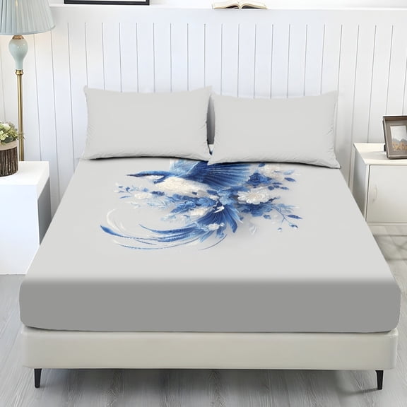 ZIATUBLES 3 Pcs Twin Size Sheet Set, Bird Flower Gray Printed Soft Comfort Bedding Sets with 1 Fitted Sheet and 2 Pillowcases, Cooling Cozy All-Season Bed Sheets