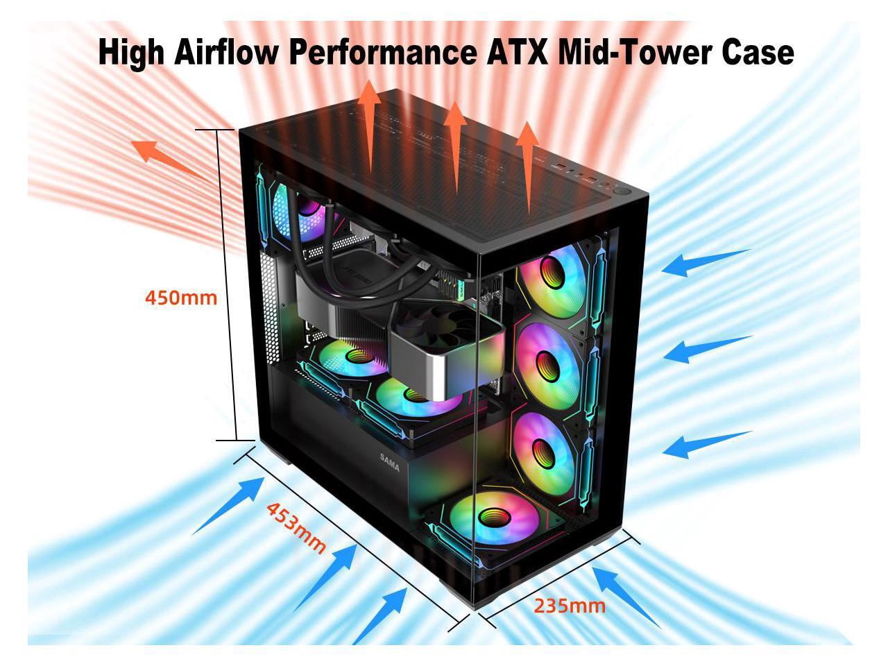 SAMA SV01 Mid Tower ATX Gaming PC Computer Case Black, 4 Addressable RGB Fans Pre-Installed, Tempered Glass Side Panel, Back Plug Motherboard Design