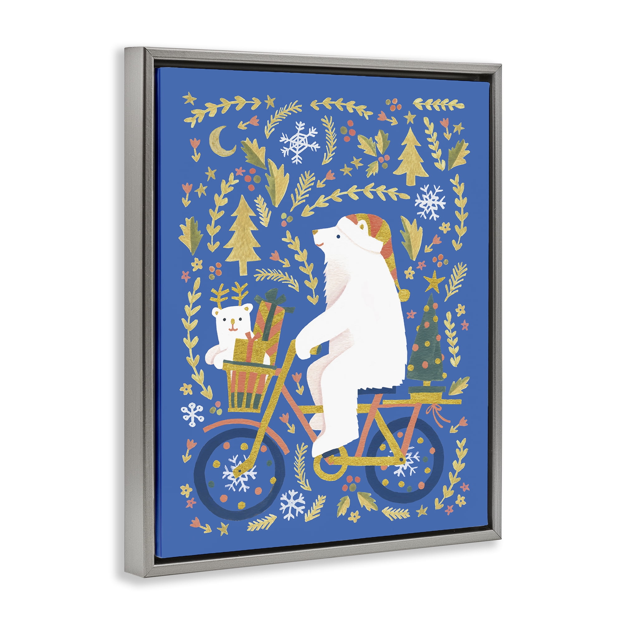 Stupell Industries Polar Bears on Bicycle Animals Painting Gray Floater Framed Canvas Art Print Wall Art, 25 x 31