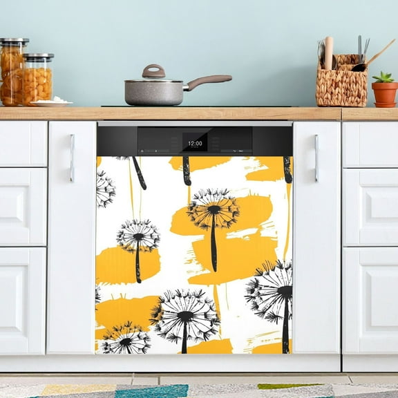 Hand Drawn Dandelions Flower Dishwasher Magnet Cover Magnetic Fridge Door Cover Home Kitchen Decor 23"x 26"