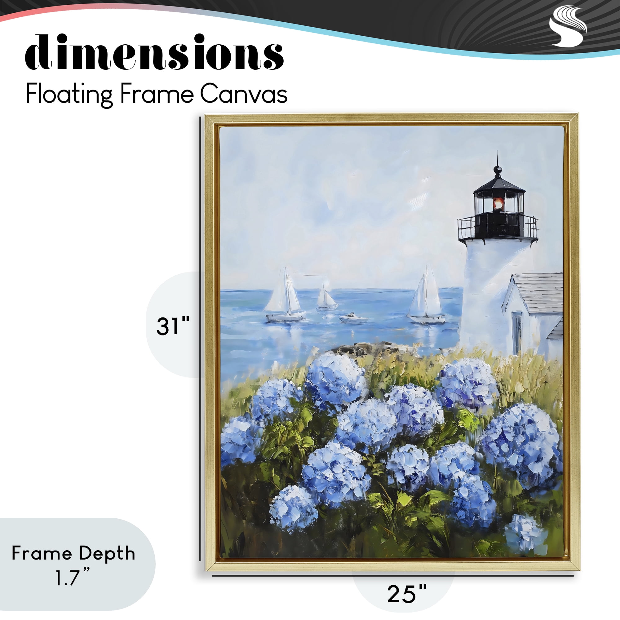 Stupell Industries Lighthouse Surrounded by Hydrangeas Gold Framed Floater Canvas Wall Art, design by Arlington Prints