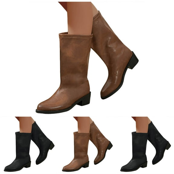 Dakaela Mid Calf Boots for Women Chunky Block Heel Wide Calf Riding Boots Comfortable Pull on Slip on Booties Black 6