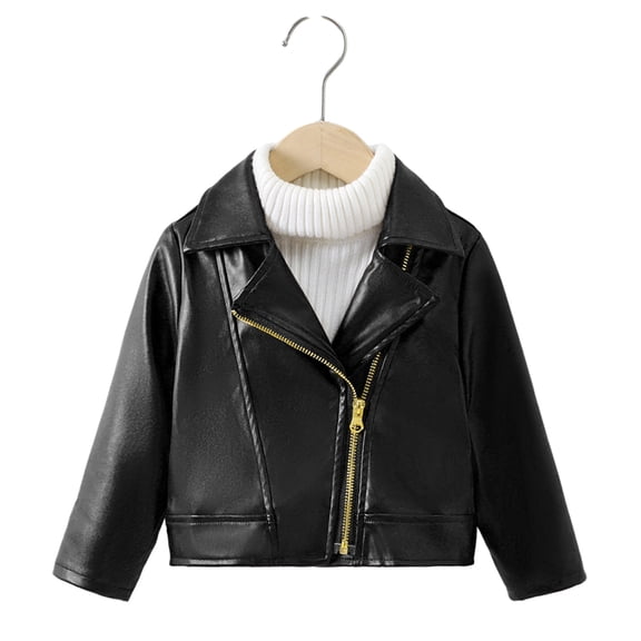 QUDDERR Baby Kids Boys Girls Leather Jackets Fall Winter Motorcycle Faux Leather Coats Toddler Zipper Solid Color Short Outerwear Tops 1-7T