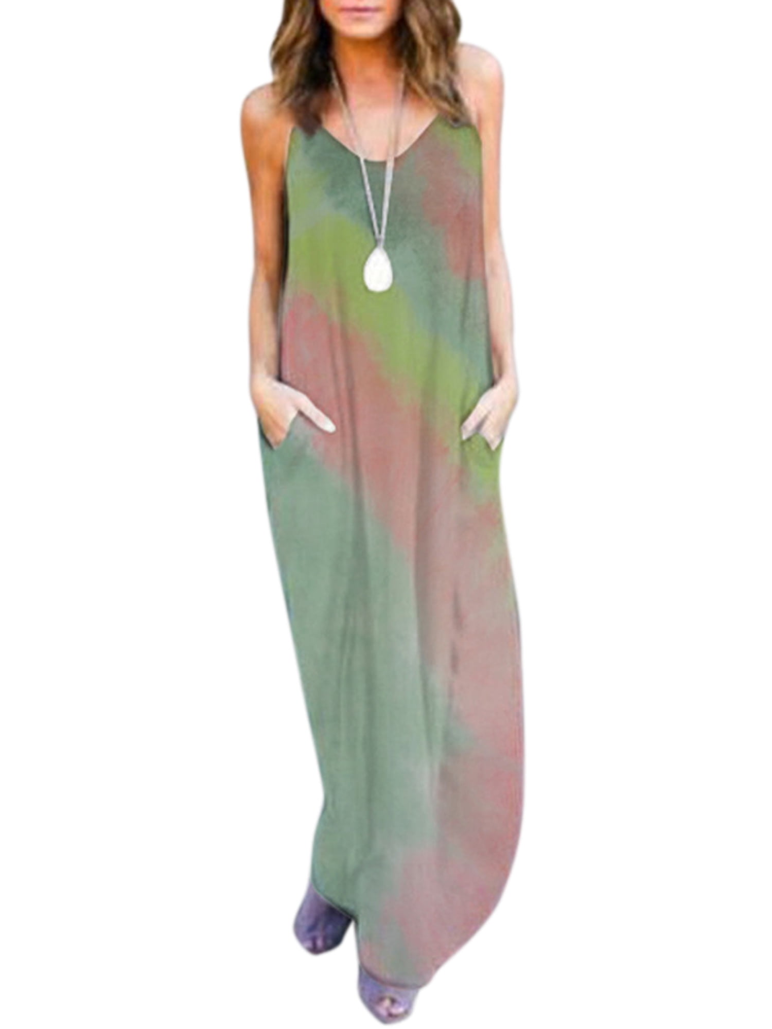 US Women Casual Loose Tie Dye Strappy Long Maxi Dress V Neck Boho Beach Sundress US Women Casual Loose Tie Dye Strappy Long Maxi Dress V Neck Boho Beach Sundress