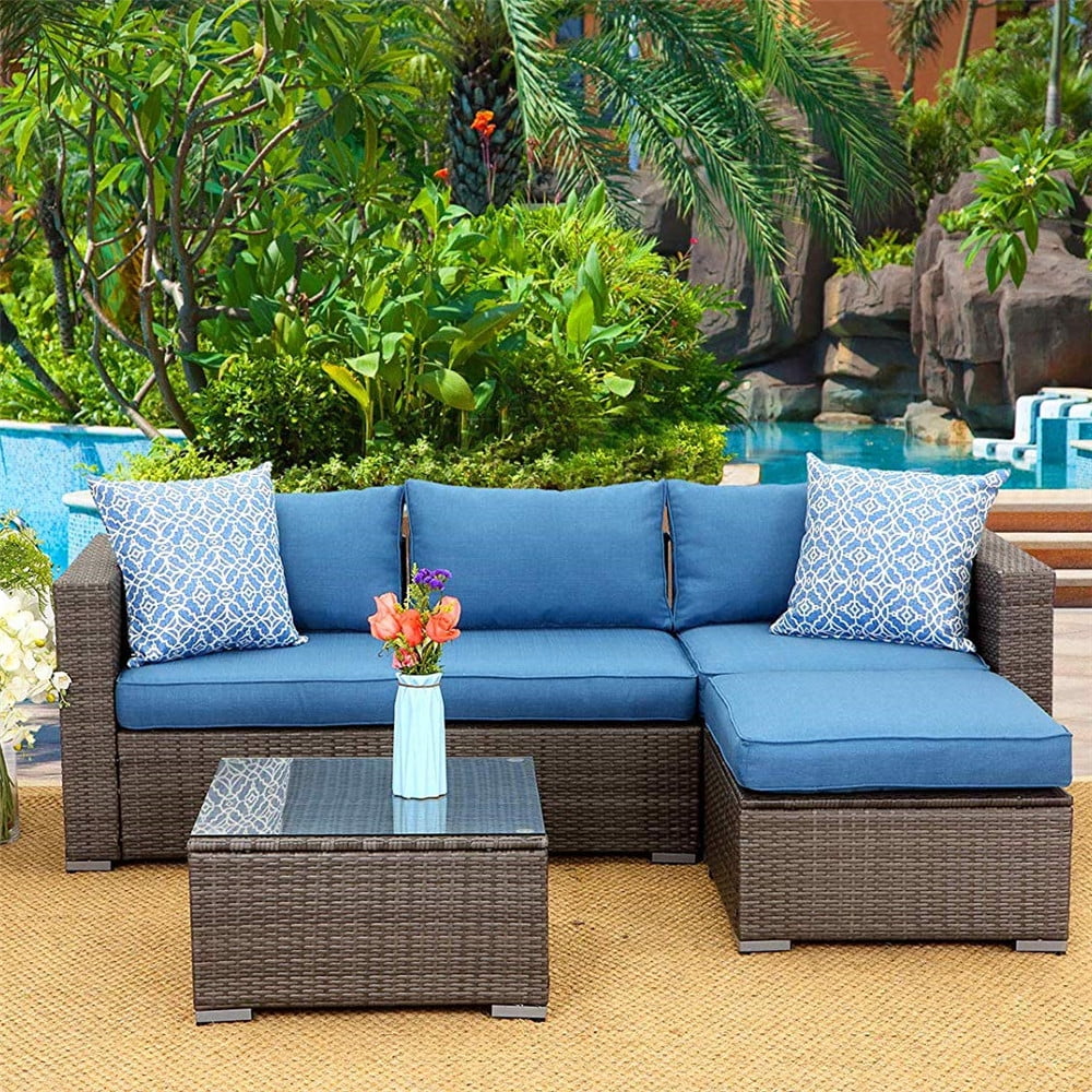 5 Piece Outdoor Patio PE Rattan Wicker Sofa with Ottoman Sectional