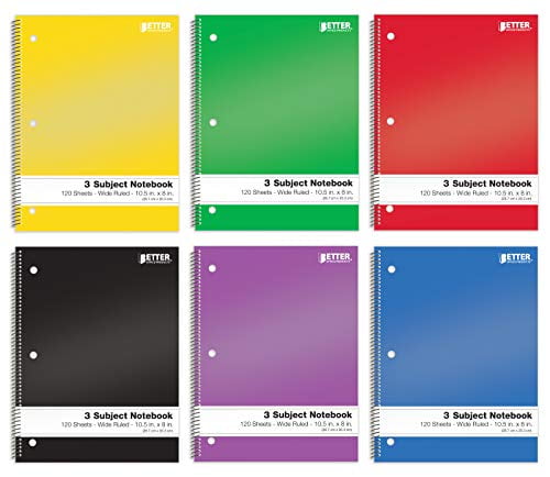 Spiral Notebooks 3-Subject, 6 Pack, Wide Rule, 120 Sheet Notebook with Sturdy Pocket Dividers, 10.5 x 8 inches, by Better Office Products, 6 Assorted Primary Colors, 6 Pack