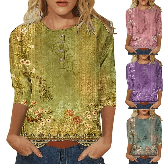 Fesfesfes Womens Turtleneck Bodysuit Women's Fashion Printed T-shirt Mid-length 3/4 Sleeves Blouse Round Neck Casual Tops Tshirts Shirts for Women 6(M)