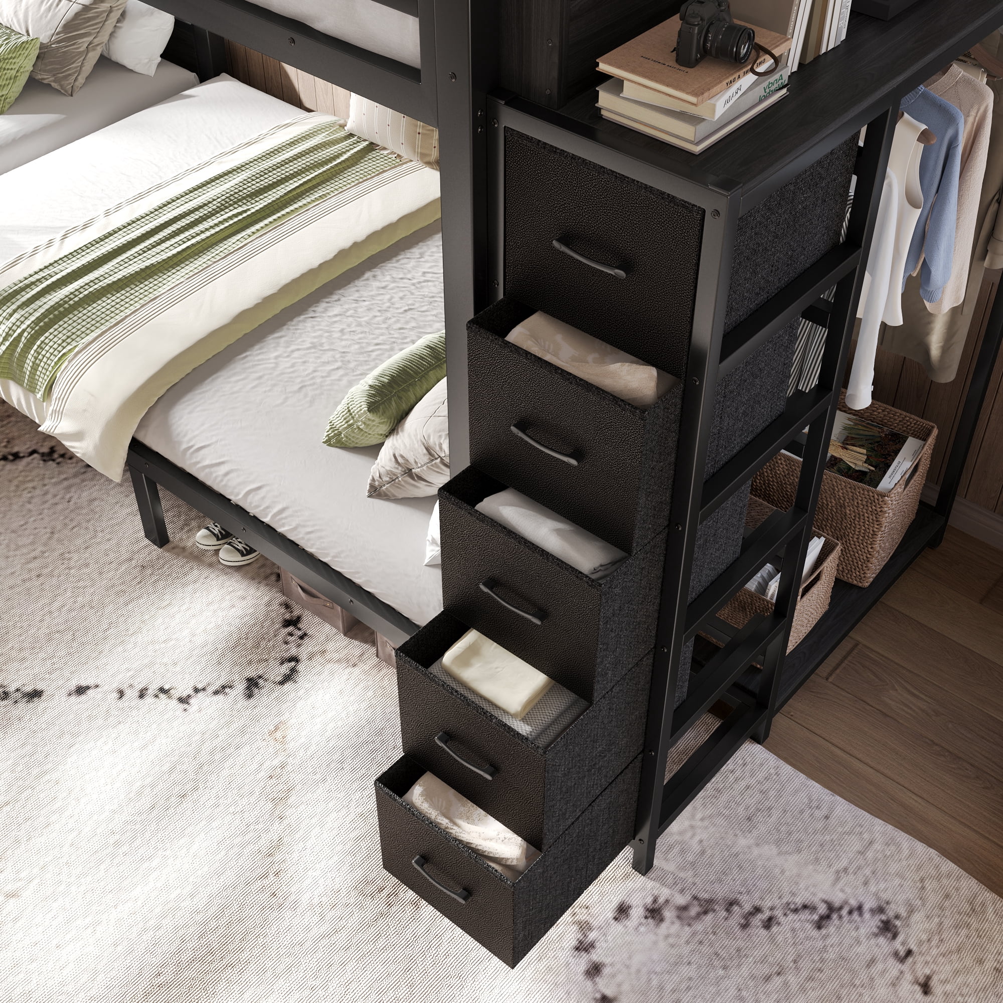 GARITIN Quad Twin Metal Bunk Bed 129.53 Inch, 4 Twin Bed Frame with Storage Drawers and Wardrobe for Kids Room, Black