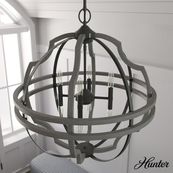 Hunter - Stone Creek 8-light Noble Bronze, Extra Large Pendant Light, Dimmable, Rustic Style, Sphere Shaped, for Bedrooms, Dining, Living Rooms - 19226