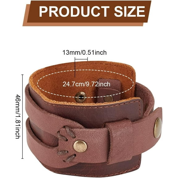 Saddle Brown Wide Leather Bracelet 9.8x1.8x0.5 inch Punk Style PU Leather Cord Bracelet Stylish Leather Cuff Bracelet Full Grain Wide Wristband for Men Stylish Accessory