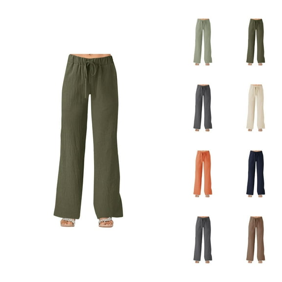 Womens Casual Pants Wide Leg Pants Women's Casual Pants Solid Color Strapped Pockets Loose Wide Leg Linen Trousers for Everyday Wear