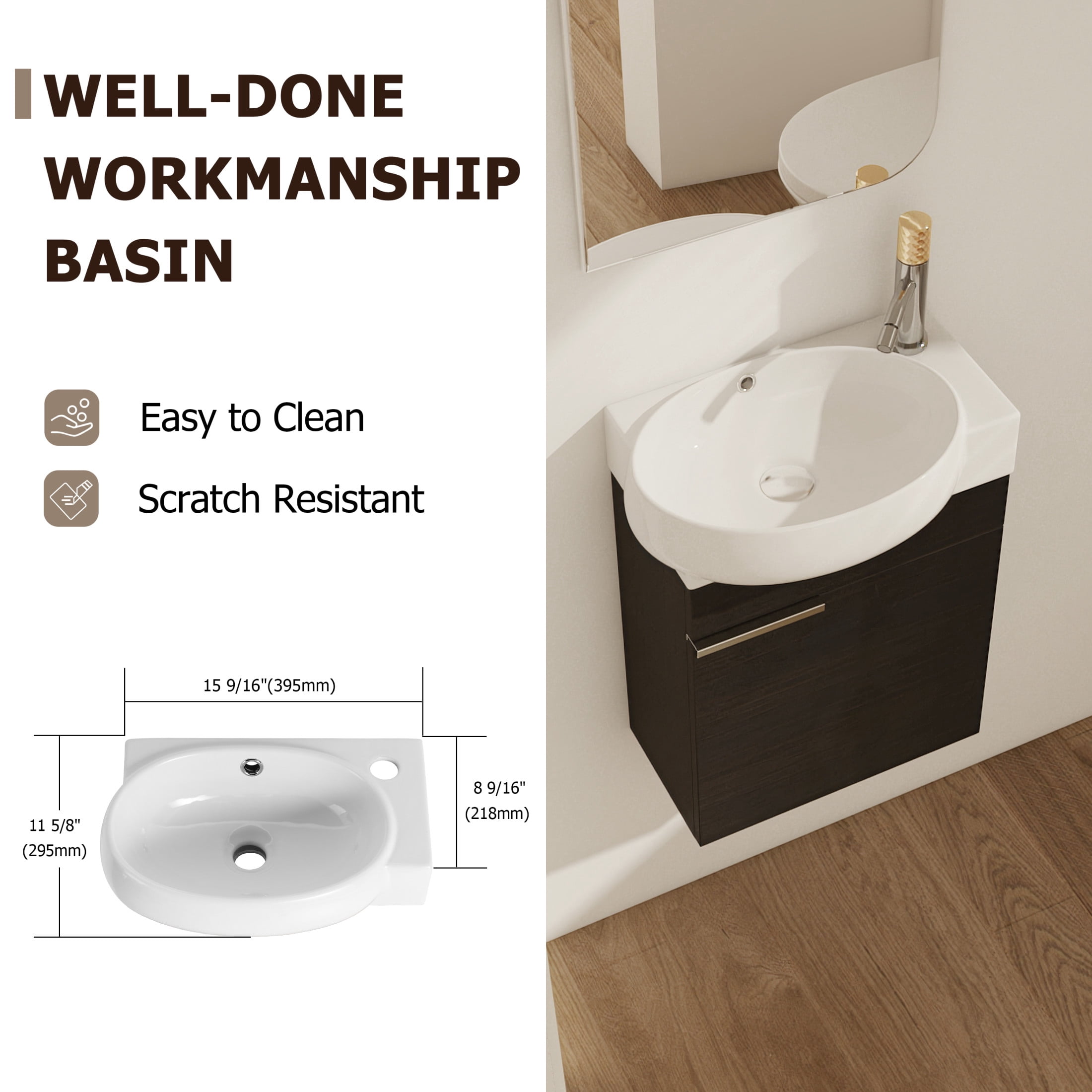 Noble House 16" Bathroom Vanity with Sink, Soft Close Doors, Space-Saving Modern Vanity Cabinet for Small Bathroom, Black Chestnut