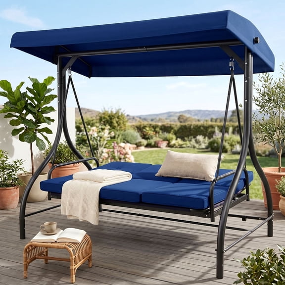 TLSUNNY 3-Seat Patio Swing w/ 45° Tilt Adjustable Canopy, Convertible Glider Bed with Stand, Removable Cushions for Backyard, Porch, Poolside, 750LBS Capacity